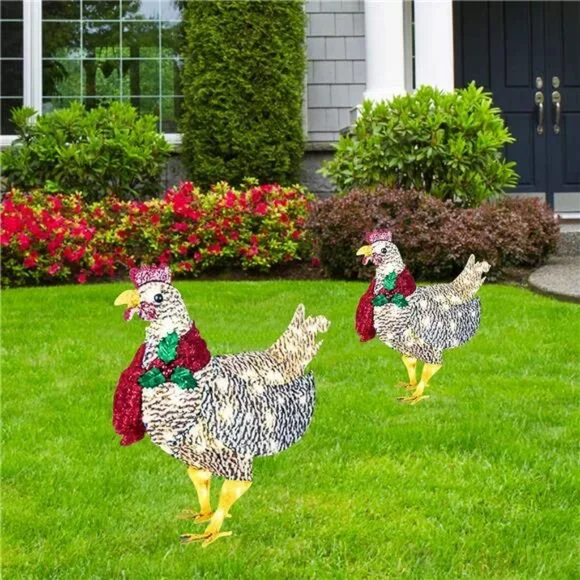 2PCS Light-Up Chicken with Scarf Holiday Decoration, LED Christmas Outdoor Decor
